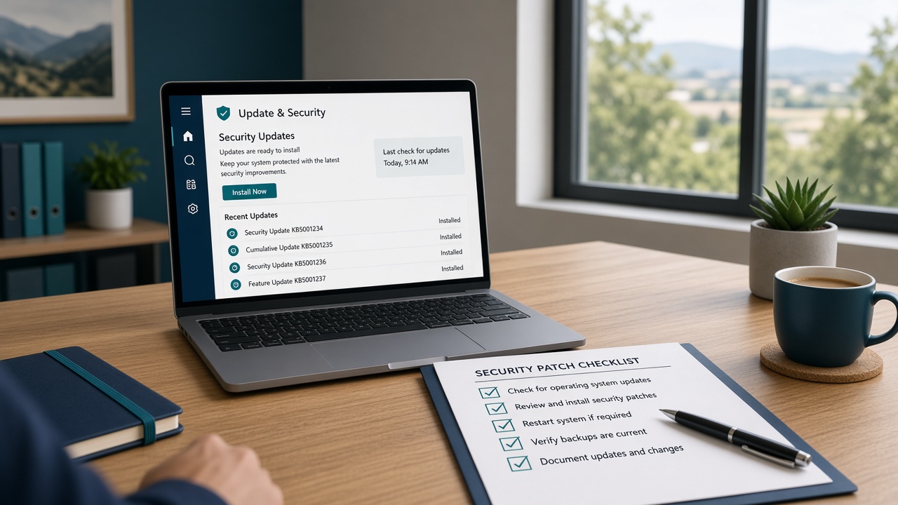 Laptop showing security updates ready to install beside a completed security patch checklist on a Central Valley office desk