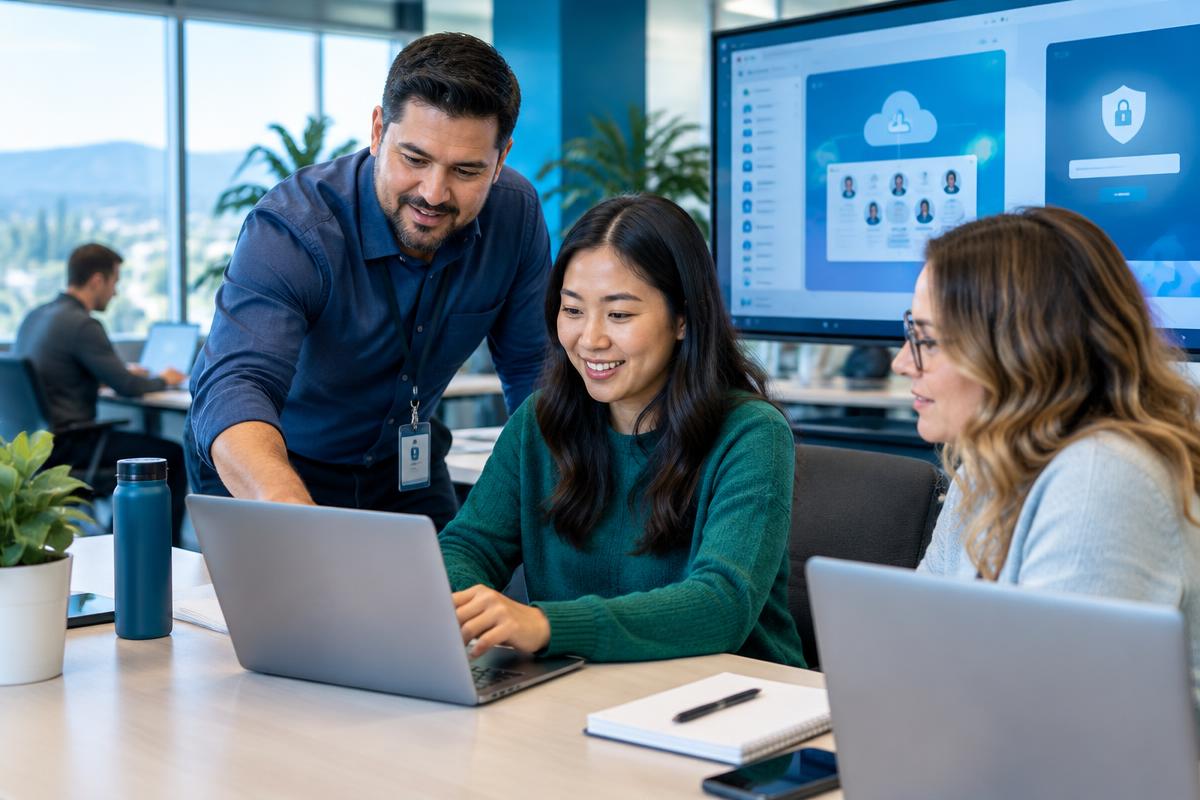 IT professional helping employees configure secure cloud access and managed laptops