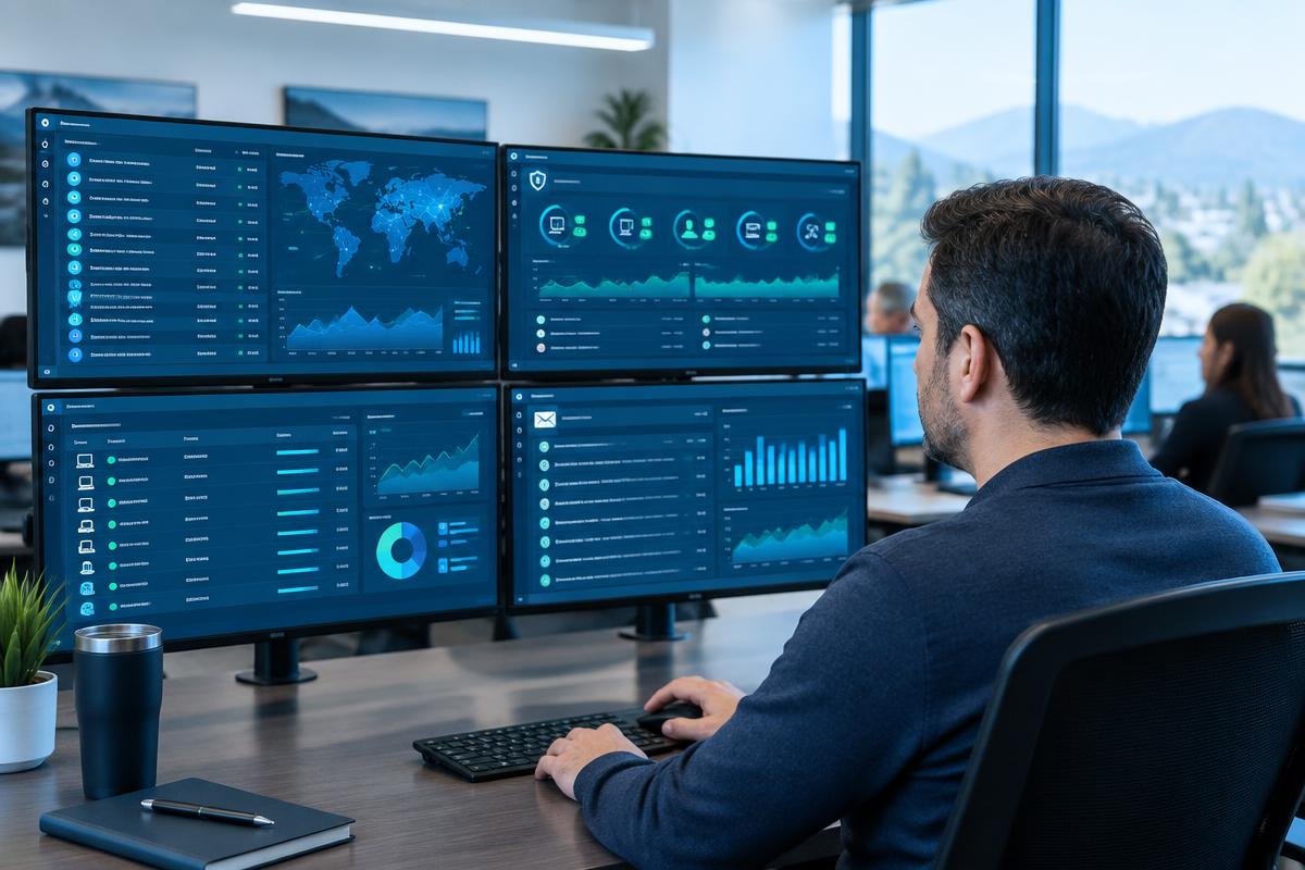 Security professional reviewing endpoint, identity, email and network monitoring dashboards